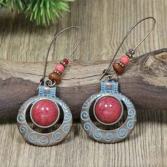 NEW Aberdine Handmade Boho Red and Blue Copper Beaded Drop Earrings - Picture 4 of 5